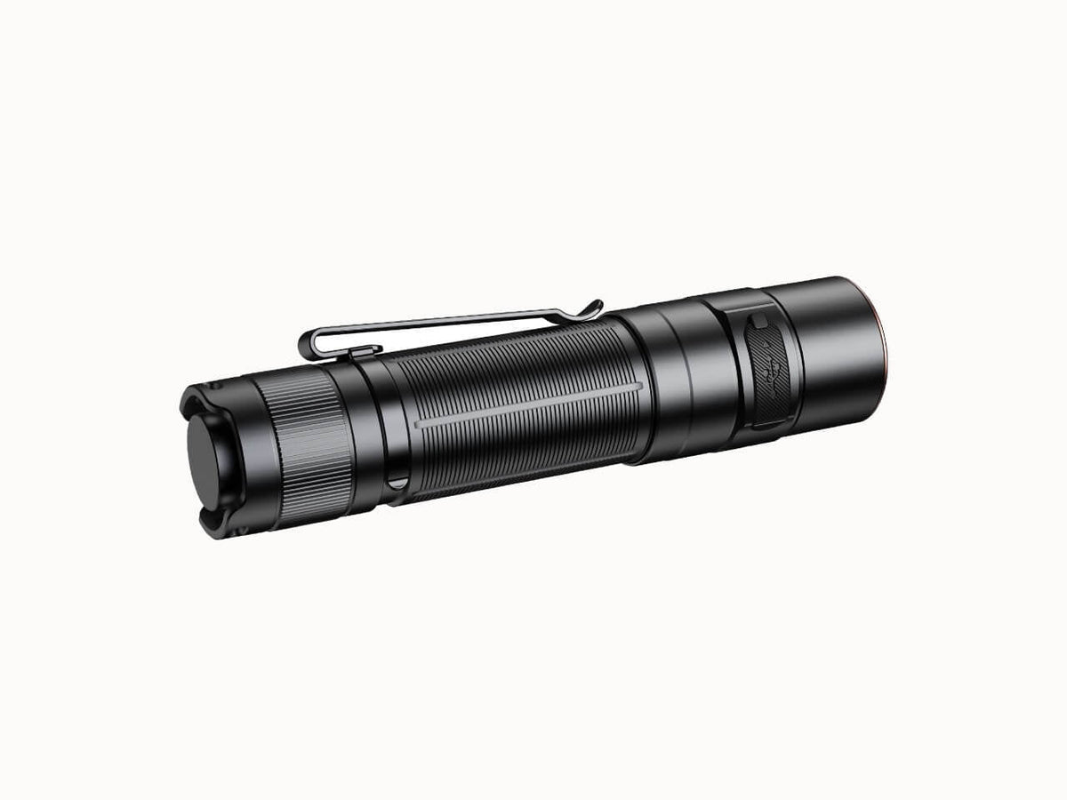 Black Fenix E35R flashlight shown in side profile on a white background.
