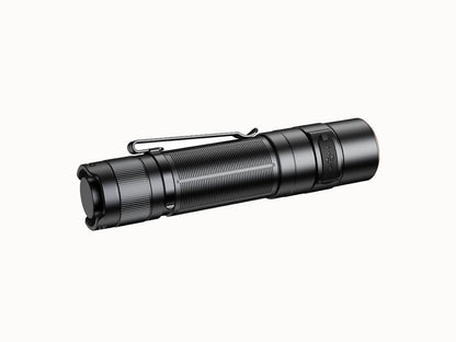 Black Fenix E35R flashlight shown in side profile on a white background.