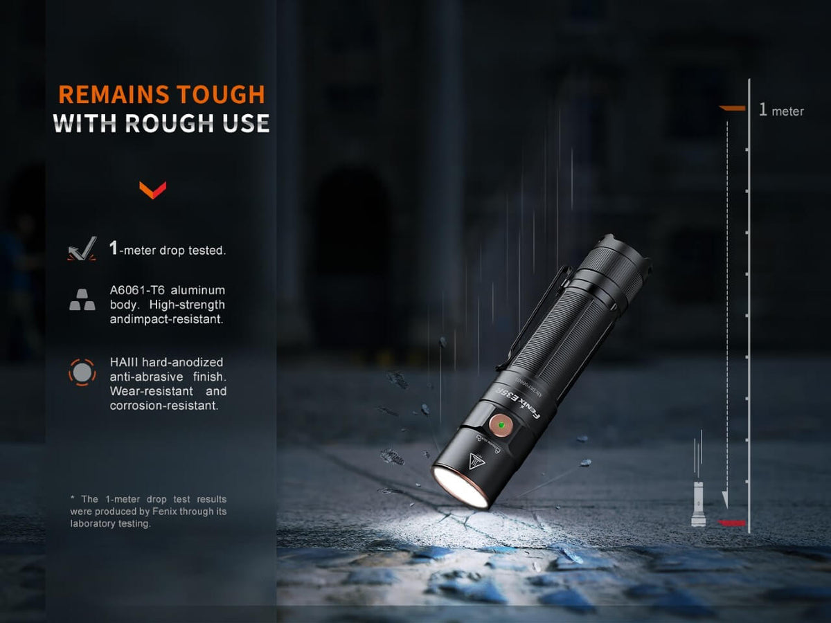 Fenix E35R graphic listing a 1-meter impact test, aluminum body, and hard-anodized finish.