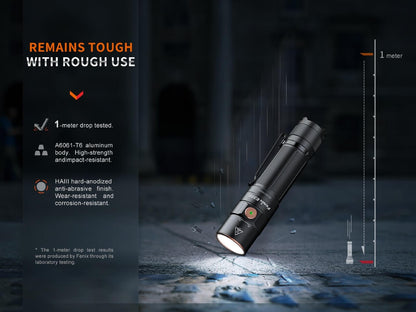 Fenix E35R graphic listing a 1-meter impact test, aluminum body, and hard-anodized finish.