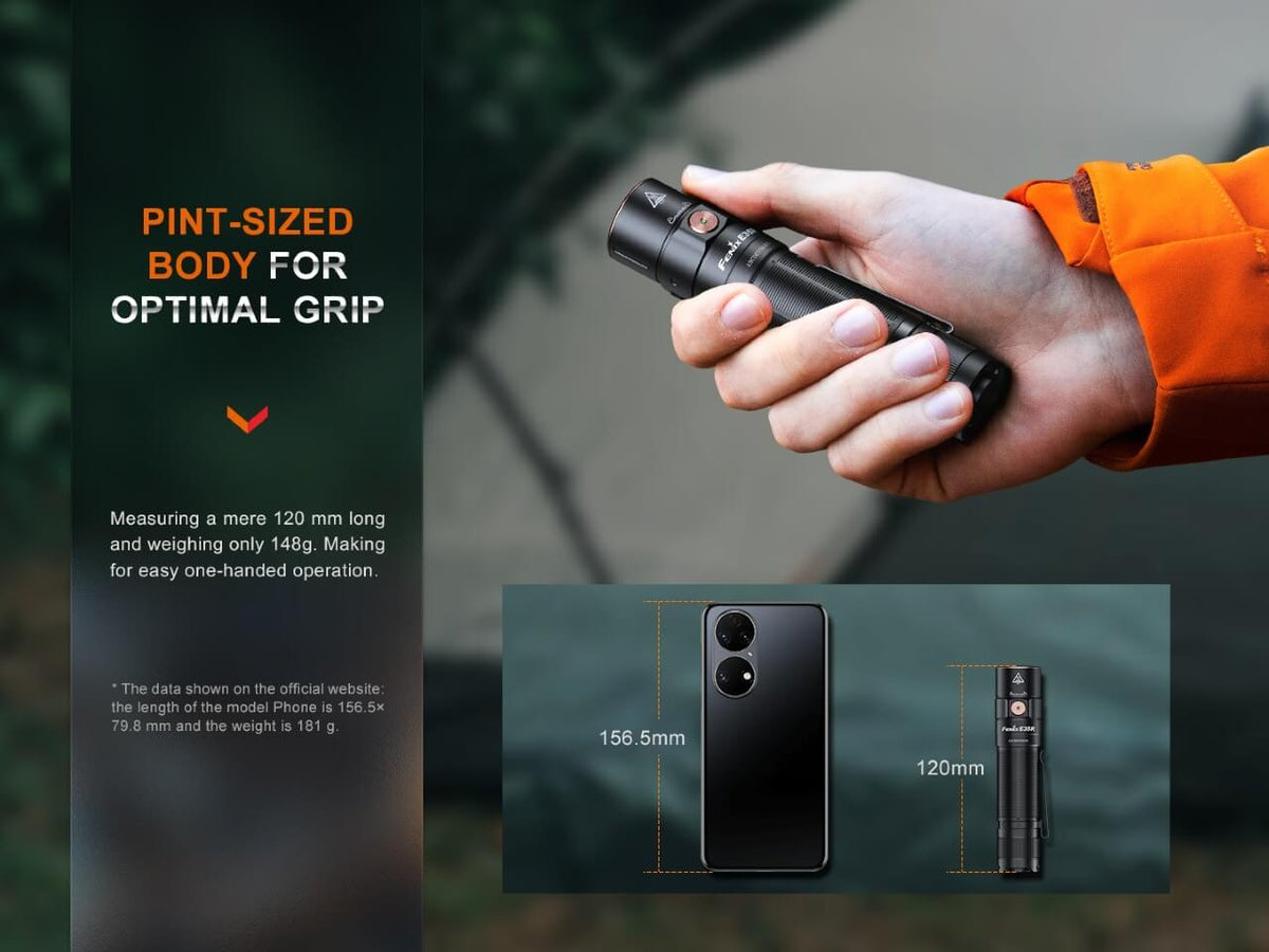 Black Fenix E35R held in one hand, with 120 mm length and 148 g weight comparison.