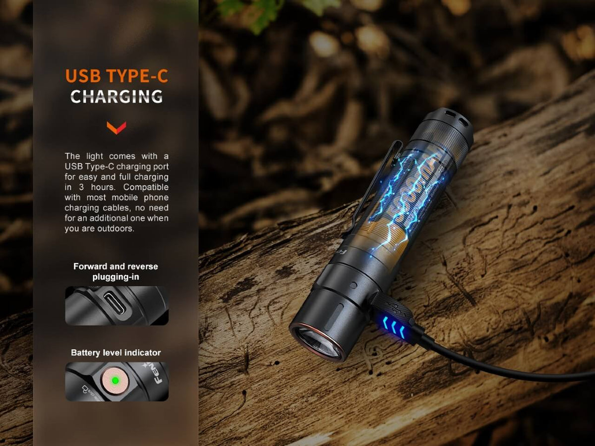 Fenix E35R USB Type-C charging feature with the included charging cable.