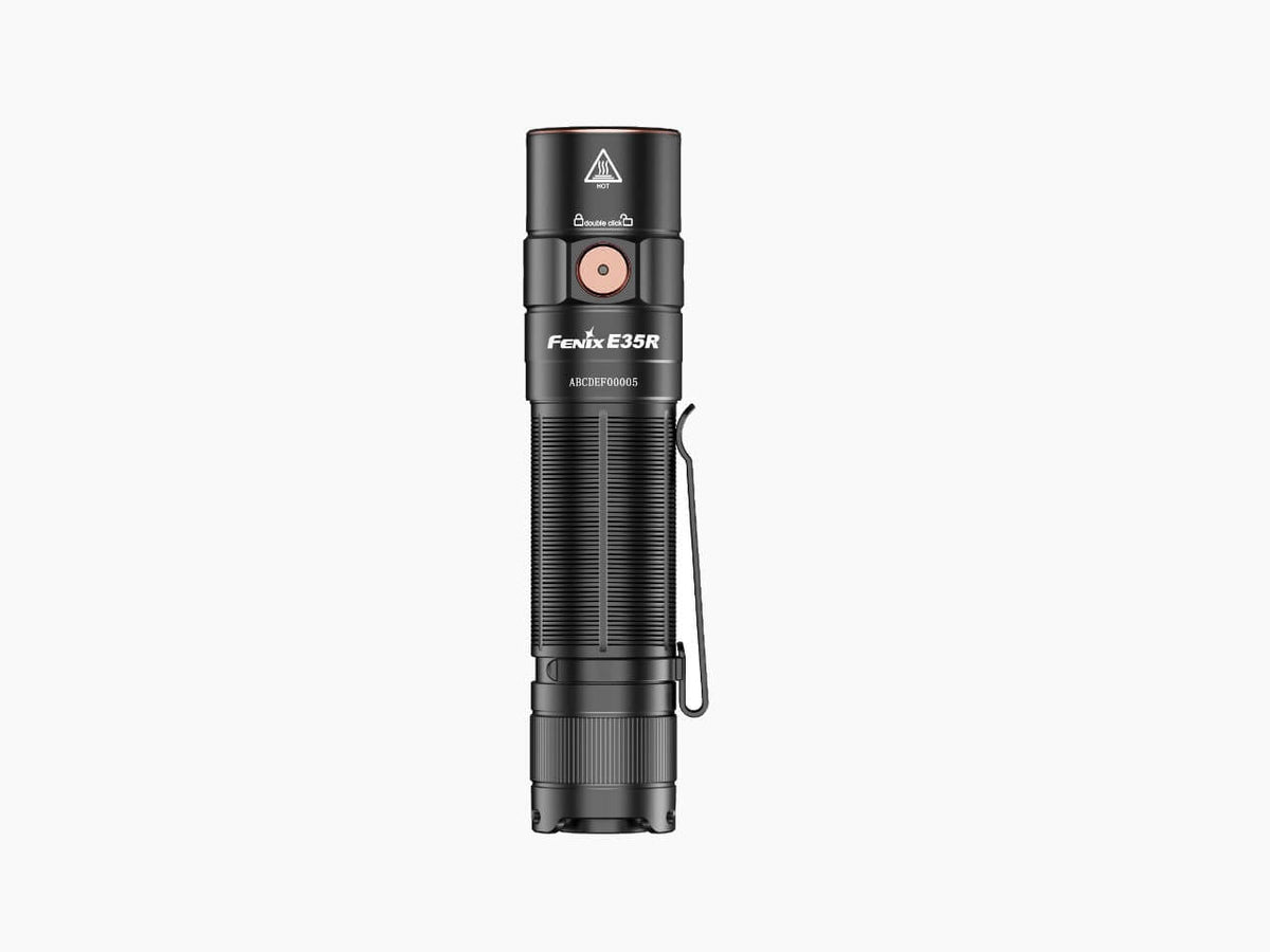 Black Fenix E35R flashlight shown upright from the side.