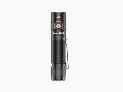 Black Fenix E35R flashlight shown upright from the side.