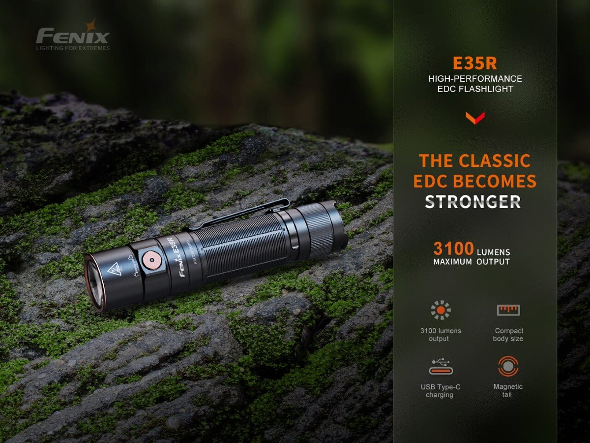 Black Fenix E35R on rocky ground beside Fenix's 3100-lumen maximum-output and beam-distance feature callouts.
