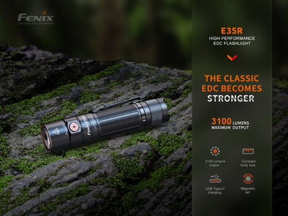 Black Fenix E35R on rocky ground beside Fenix's 3100-lumen maximum-output and beam-distance feature callouts.