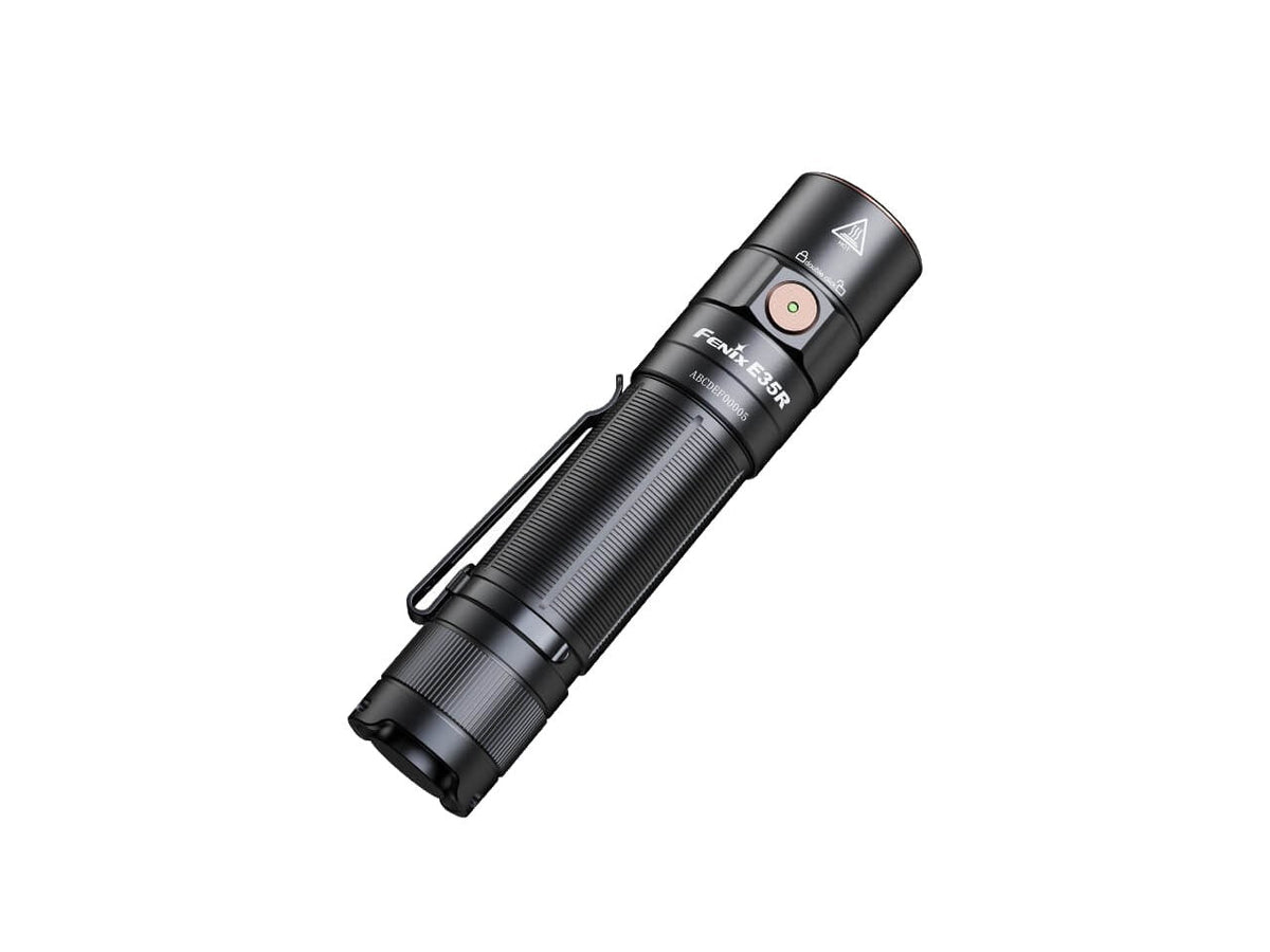 Black Fenix E35R flashlight shown at an angle on a white background.