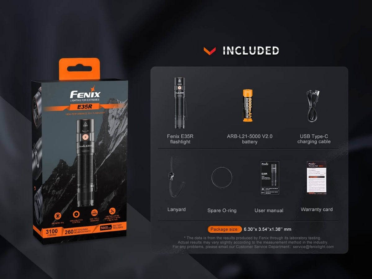 Fenix E35R package contents: flashlight, ARB-L21-5000 V2.0 battery, USB Type-C cable, lanyard, spare O-ring, product leaflet, and warranty card.