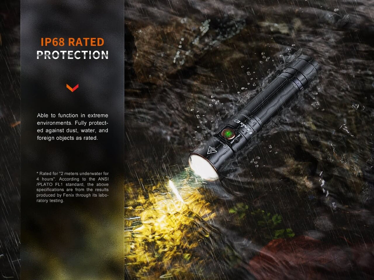 Black Fenix E35R in use with IP68 and 1-meter impact-resistance ratings shown.