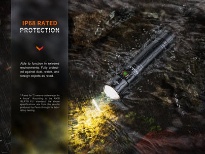 Black Fenix E35R in use with IP68 and 1-meter impact-resistance ratings shown.