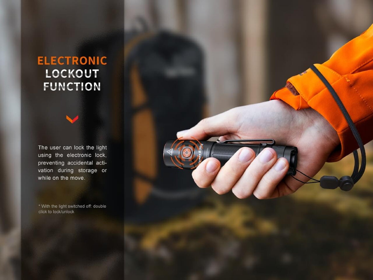 Black Fenix E35R flashlight showing its side switch and electronic lockout feature.
