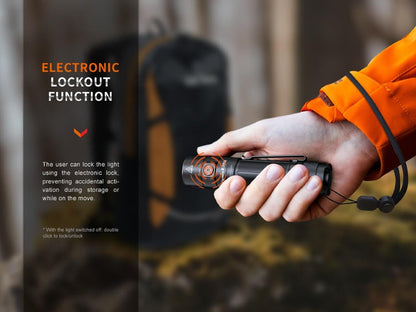 Black Fenix E35R flashlight showing its side switch and electronic lockout feature.