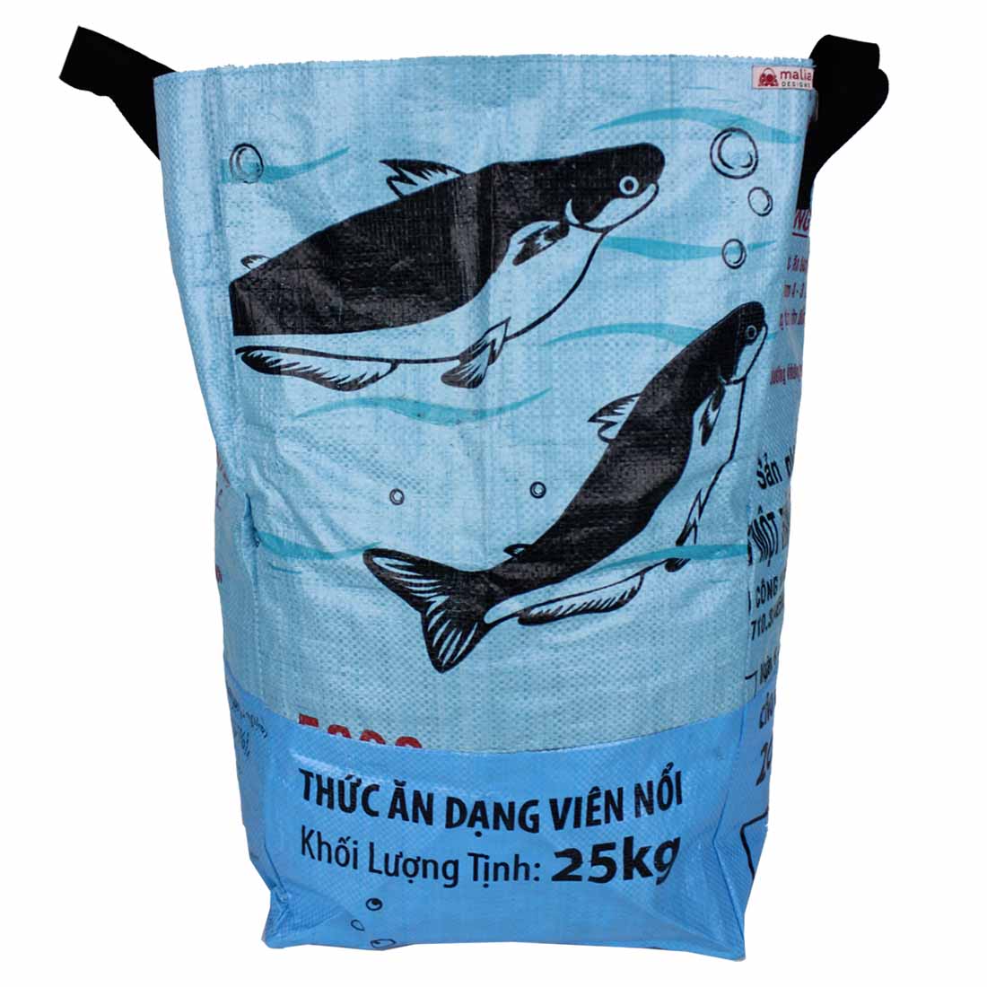 Ocean and light blue recycled square laundry bin with printed feed-bag markings.