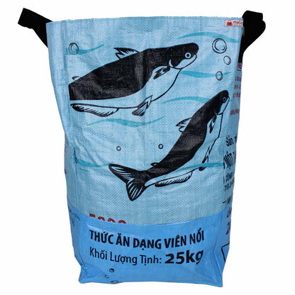 Ocean and light blue recycled square laundry bin with printed feed-bag markings.