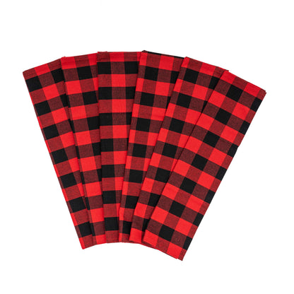 Six red-and-black plaid kitchen towels arranged in a fan; one six-towel set.
