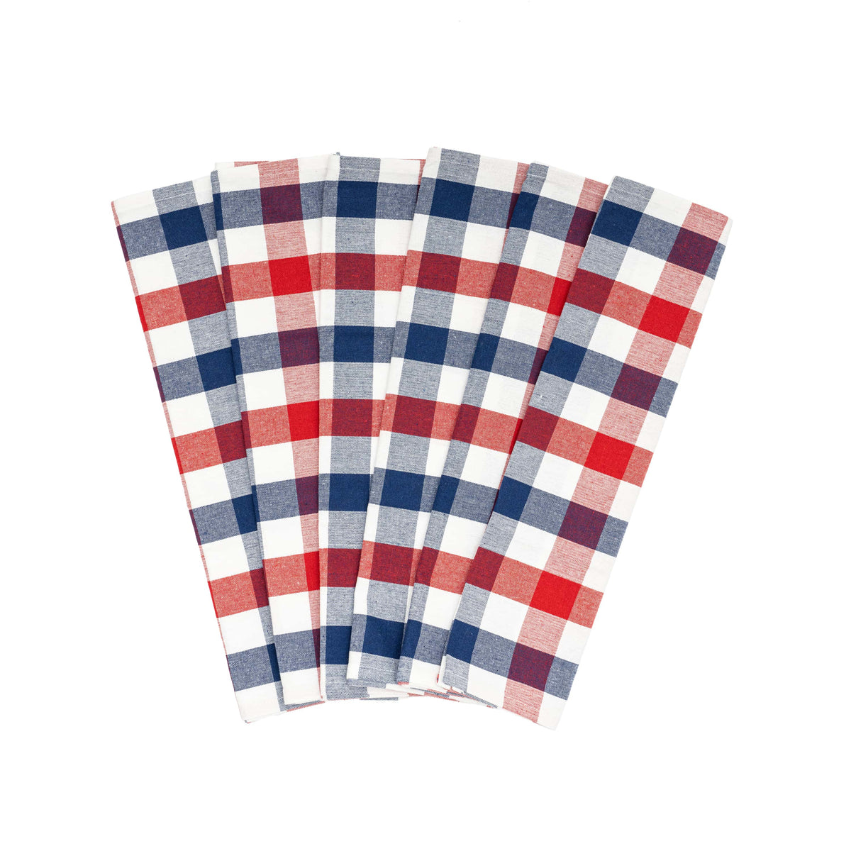 Six red, blue and white plaid kitchen towels arranged in a fan; one six-towel set.
