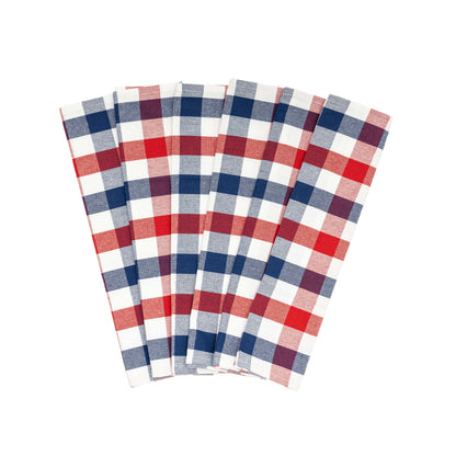 Six red, blue and white plaid kitchen towels arranged in a fan; one six-towel set.