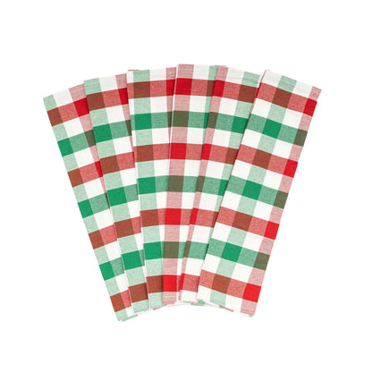 Six red, green and white plaid kitchen towels arranged in a fan; one six-towel set.