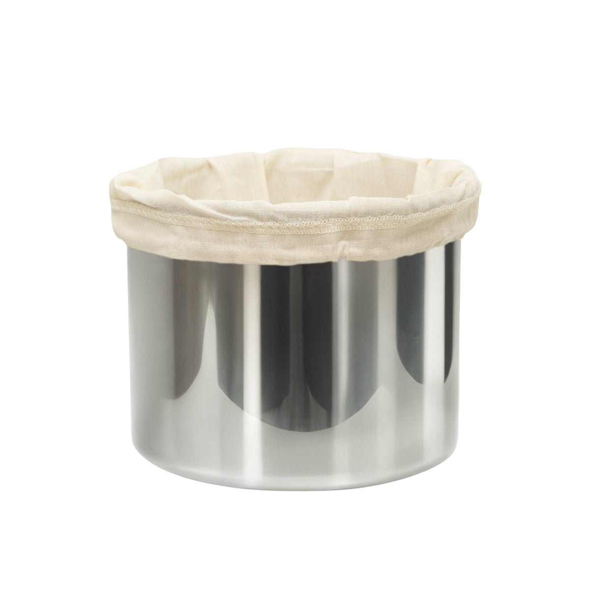 Cotton straining bag fitted inside a pot; pot not included
