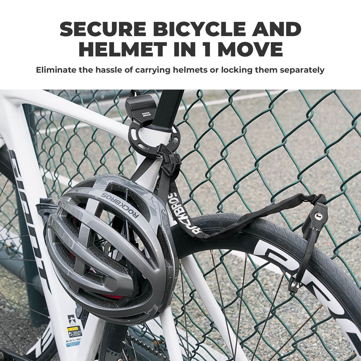 ROCKBROS chain lock securing a bicycle frame and helmet