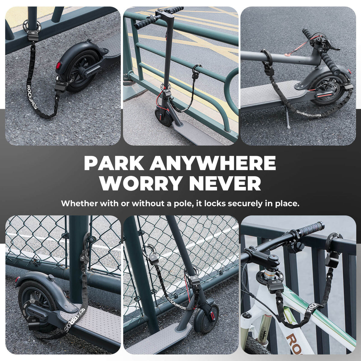 Examples of ROCKBROS chain lock used on bicycles and scooters