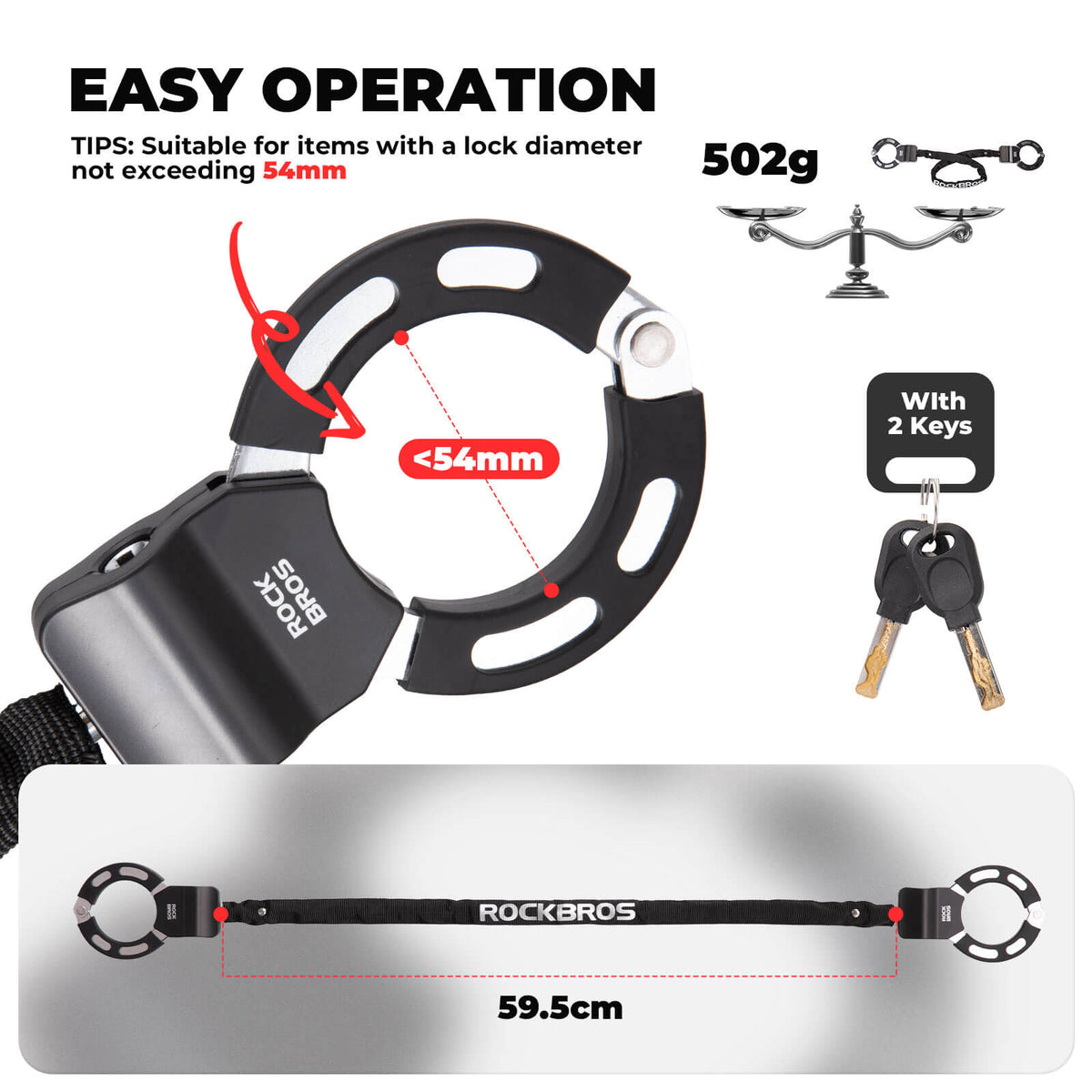 ROCKBROS lock dimensions showing 54 mm opening, 59.5 cm length and two keys