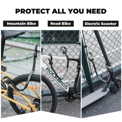 ROCKBROS chain lock shown on a mountain bike, road bike and electric scooter
