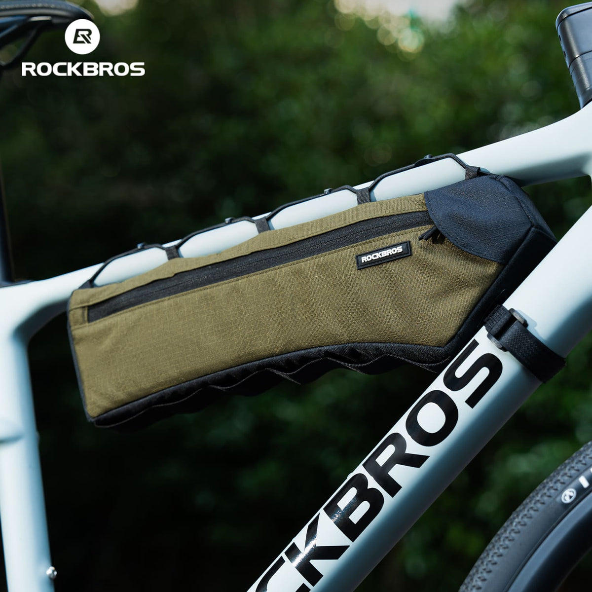 ROCKBROS olive-green triangle bag mounted on a bicycle