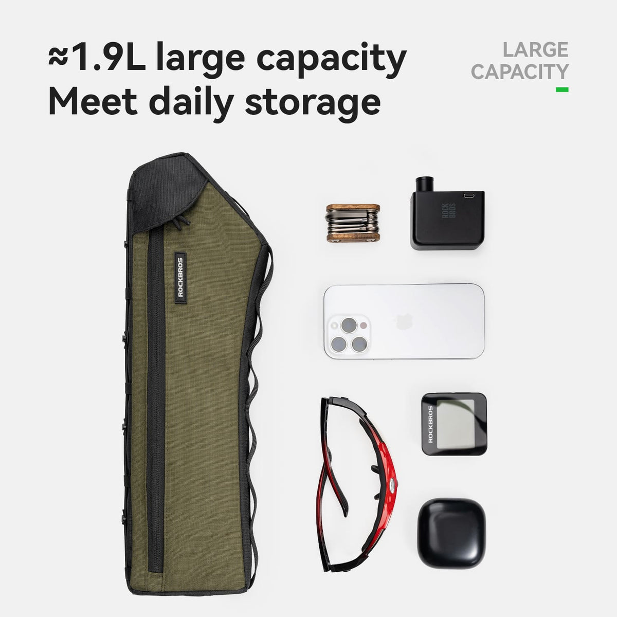 ROCKBROS 1.9L bag pictured with illustrative daily-carry items; props excluded