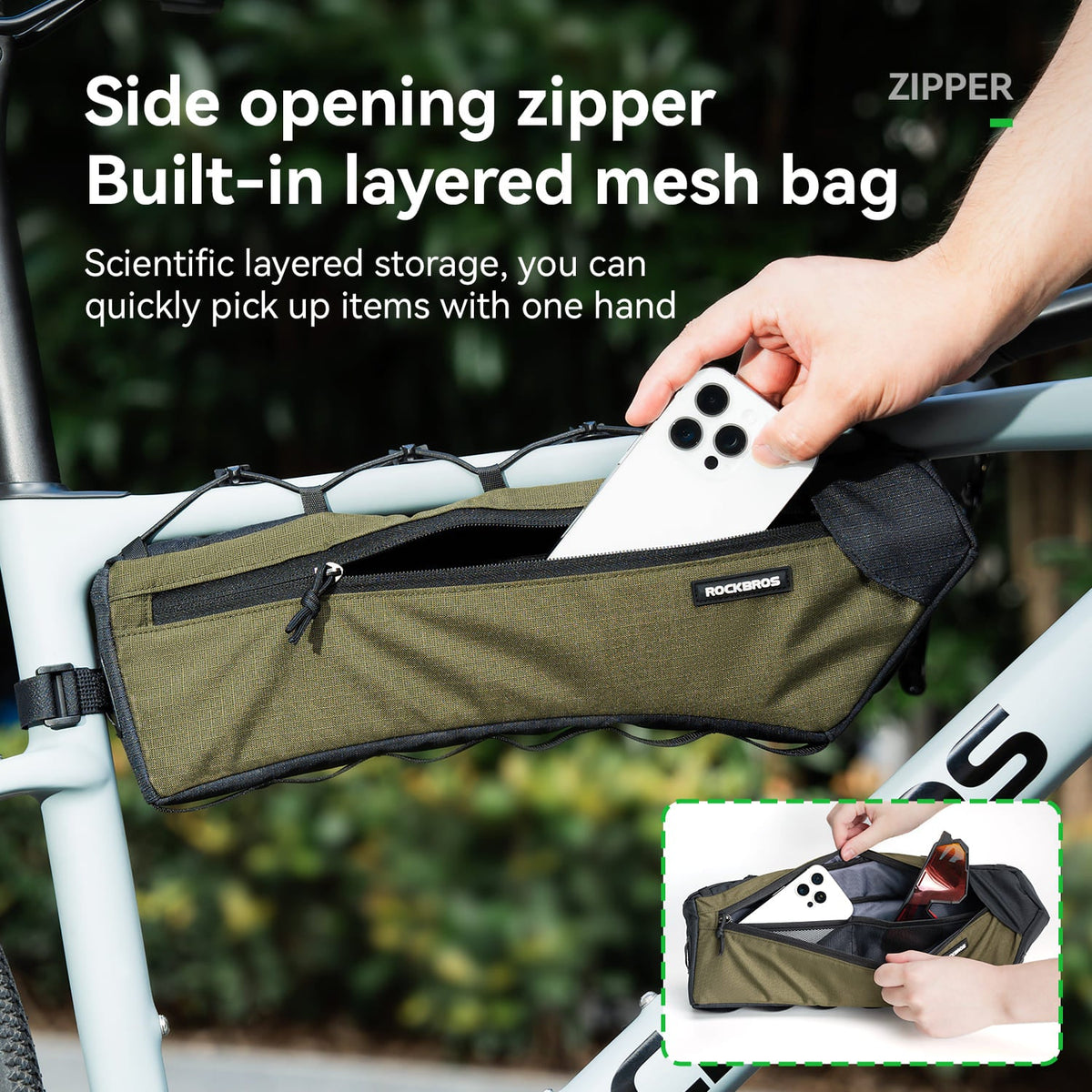 Side zipper access on the ROCKBROS 1.9L frame bag