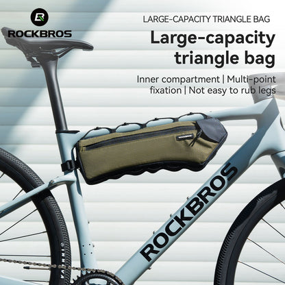 ROCKBROS triangle bag viewed underneath a bicycle frame