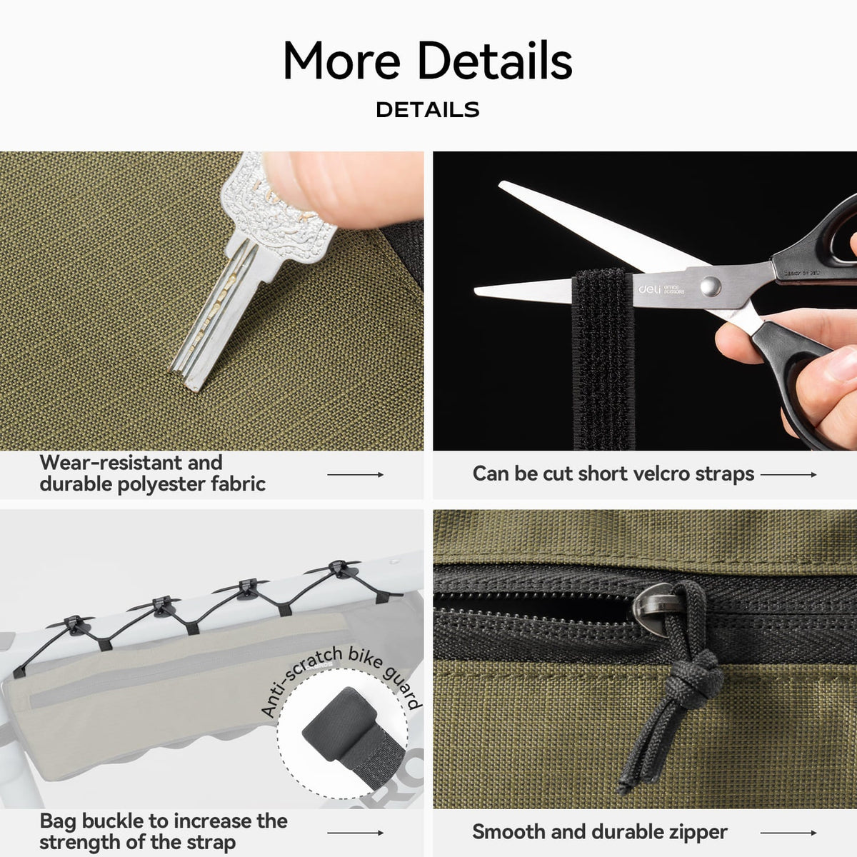 Polyester fabric, strap, buckle and zipper details