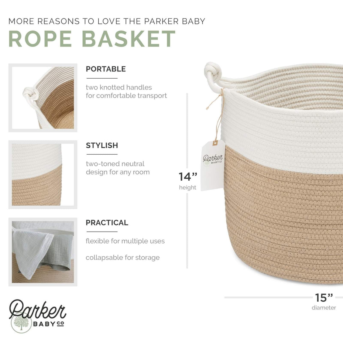 Rope basket feature guide showing knotted handles, collapsible design, 14-inch height and 15-inch diameter.