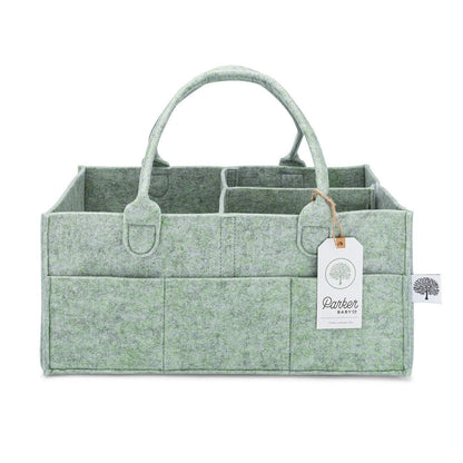 Empty Large Sage Green felt diaper caddy with removable divider and carry handles.