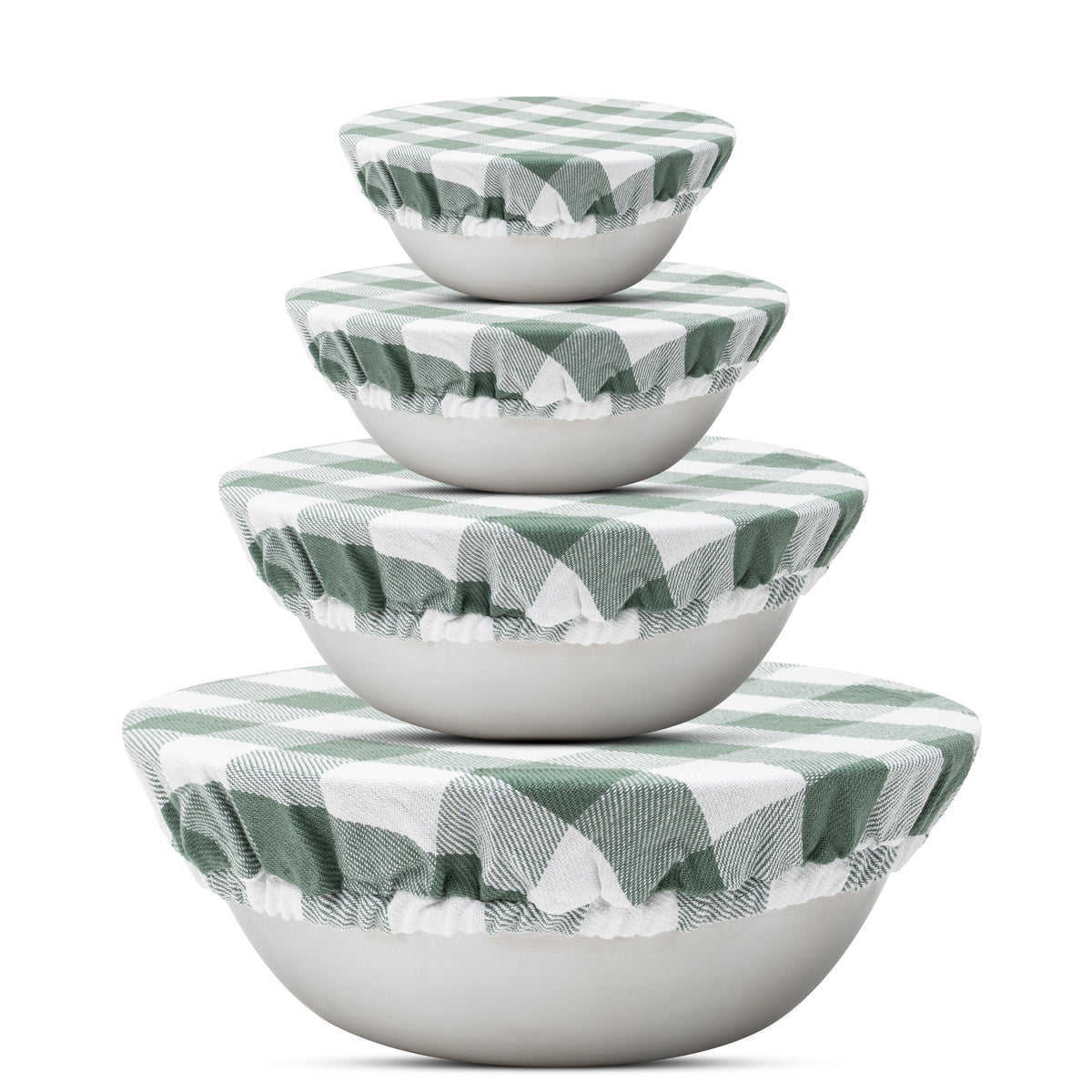 Four sage green and white checked cloth covers on graduated bowls