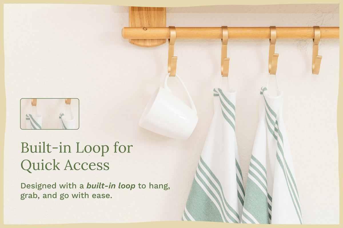 Sage green striped cotton kitchen towels — hanging loop detail; props not included