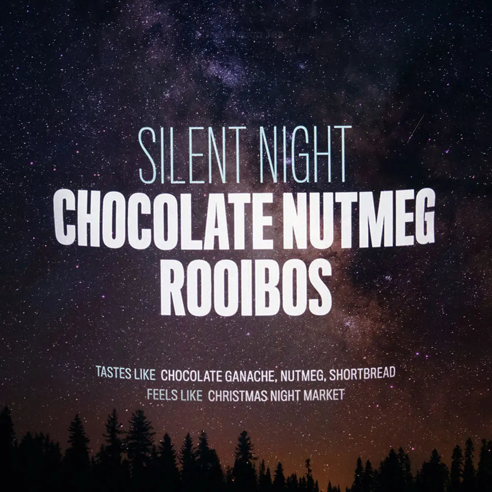 Silent Night chocolate nutmeg rooibos flavor card against a night-sky backdrop