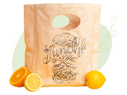 Front of the printed lunch bag; fruit is not included