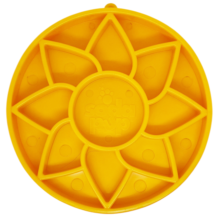 Yellow SodaPup Sunflower Softie slow feeder bowl, top view