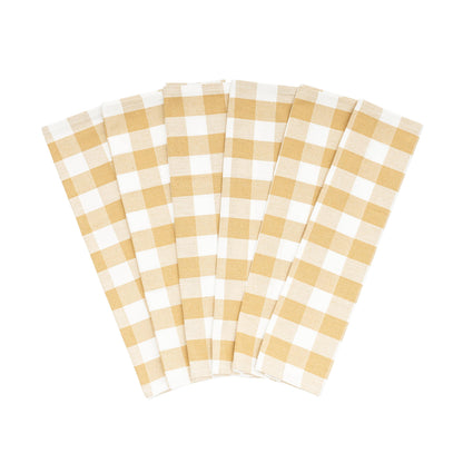 Six taupe-and-white plaid cotton kitchen towels.