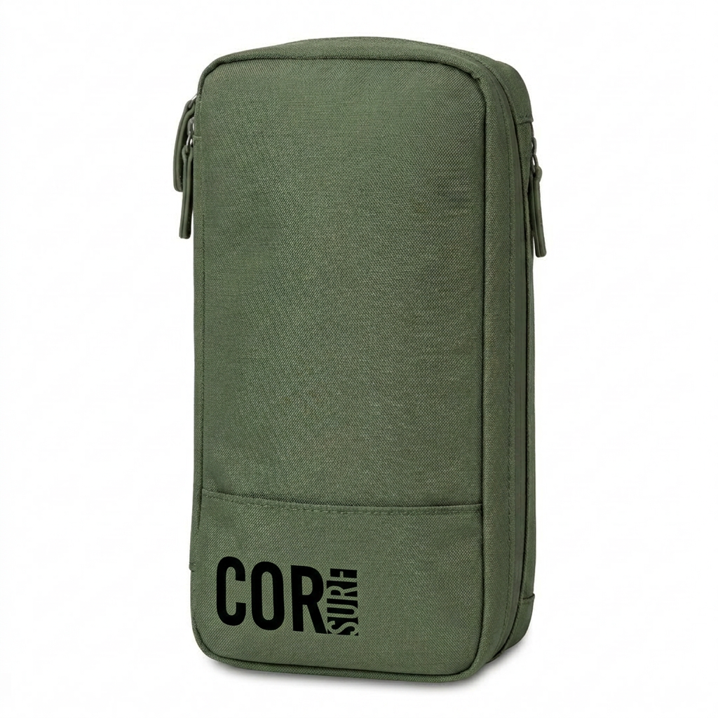 Dark-green COR Surf toiletry travel bag.