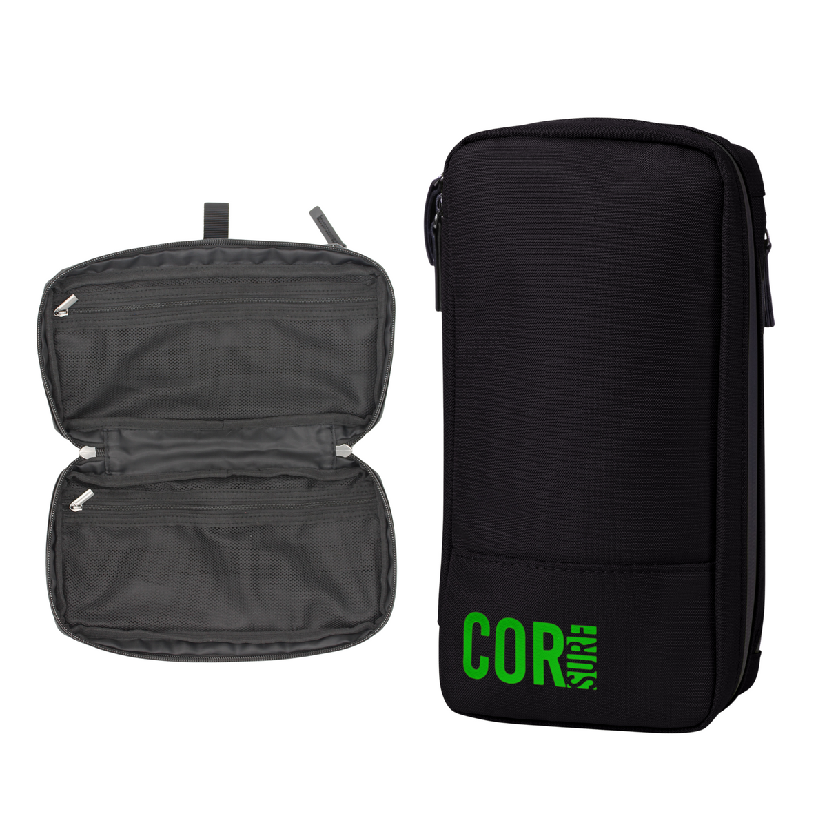Black COR Surf toiletry bag shown closed and open.
