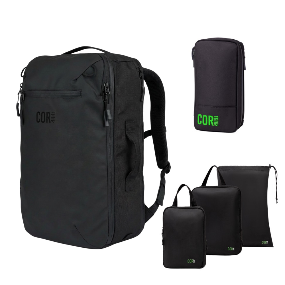 Black 28L COR Surf backpack with the black toiletry bag, two packing cubes and drawstring laundry or shoe bag.