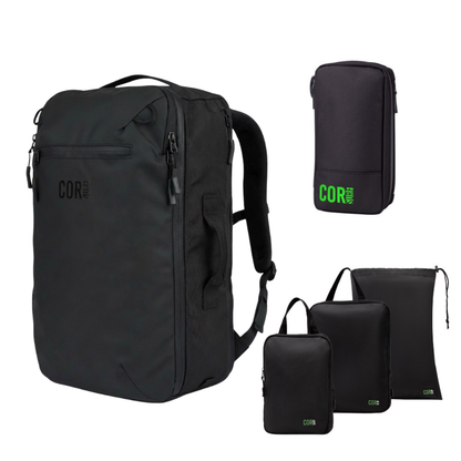 Black 28L COR Surf backpack with the black toiletry bag, two packing cubes and drawstring laundry or shoe bag.