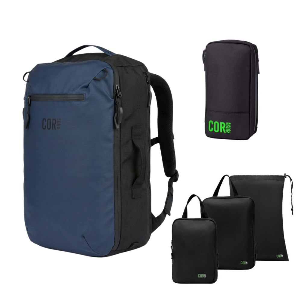 Blue 28L COR Surf backpack with black organizer bags from the travel bundle.