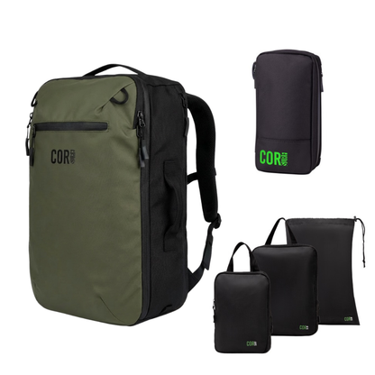 Green 28L COR Surf backpack with black organizer bags from the travel bundle.