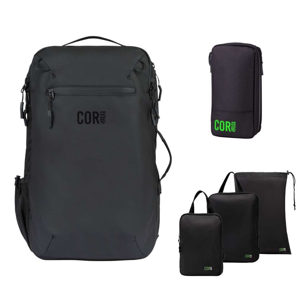 Black COR Surf travel backpack with black toiletry and packing organizers.