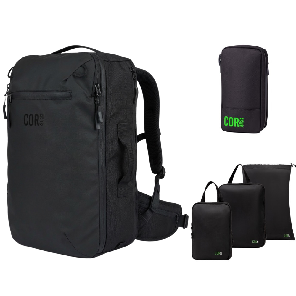 Black 40L COR Surf backpack with waist belt and black organizer bags from the travel bundle.