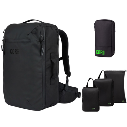 Black 40L COR Surf backpack with waist belt and black organizer bags from the travel bundle.