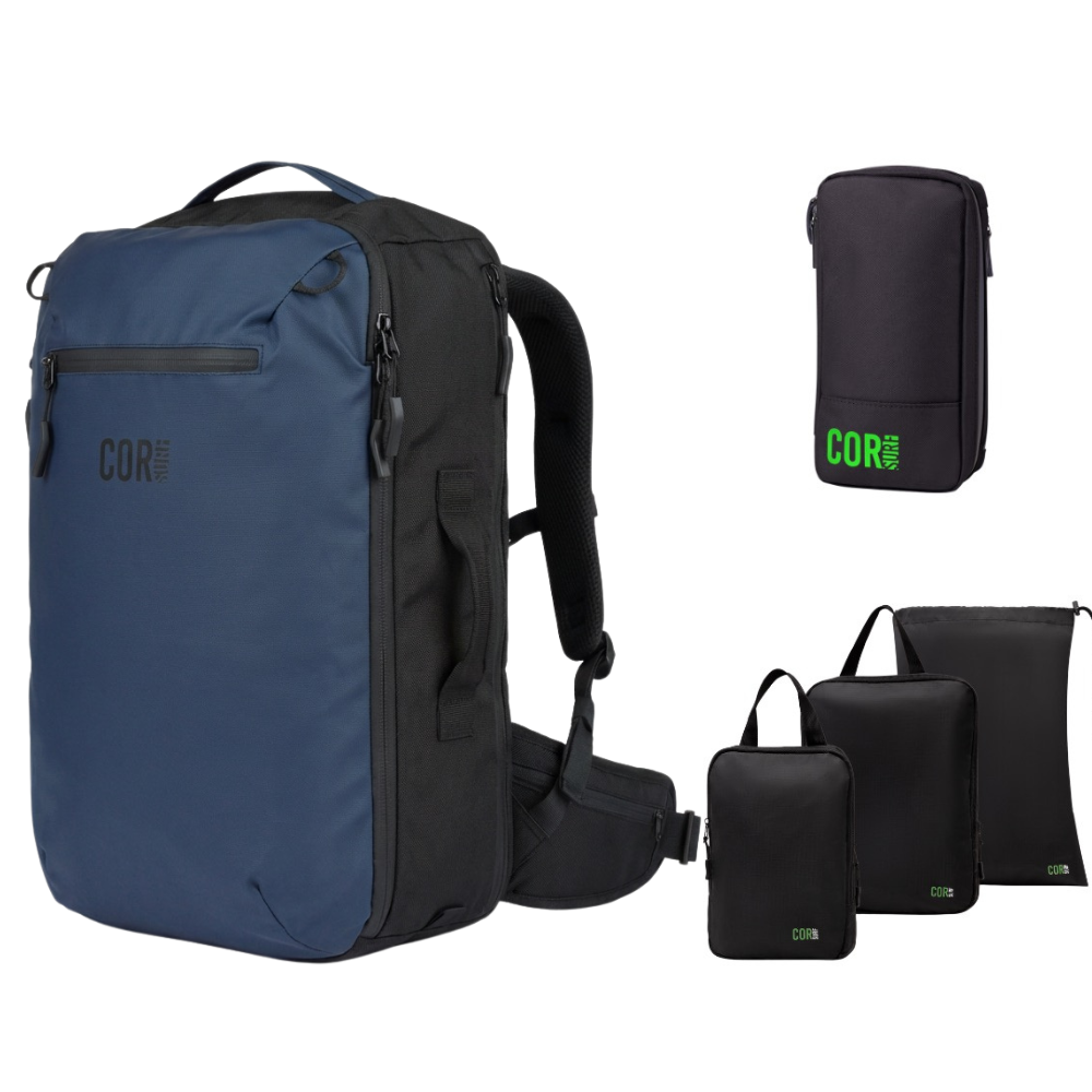 Blue 40L COR Surf backpack with waist belt and black organizer bags from the travel bundle.